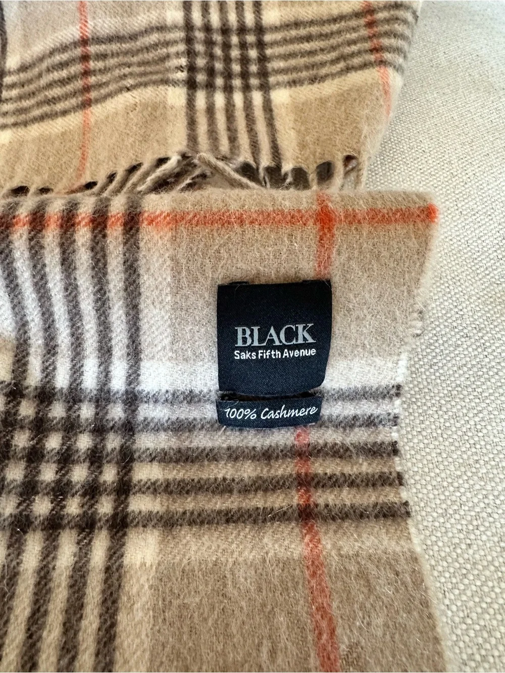 Saks Fifth Avenue Black Label Beige Plaid Cashmere Scarf with Orange Accent
